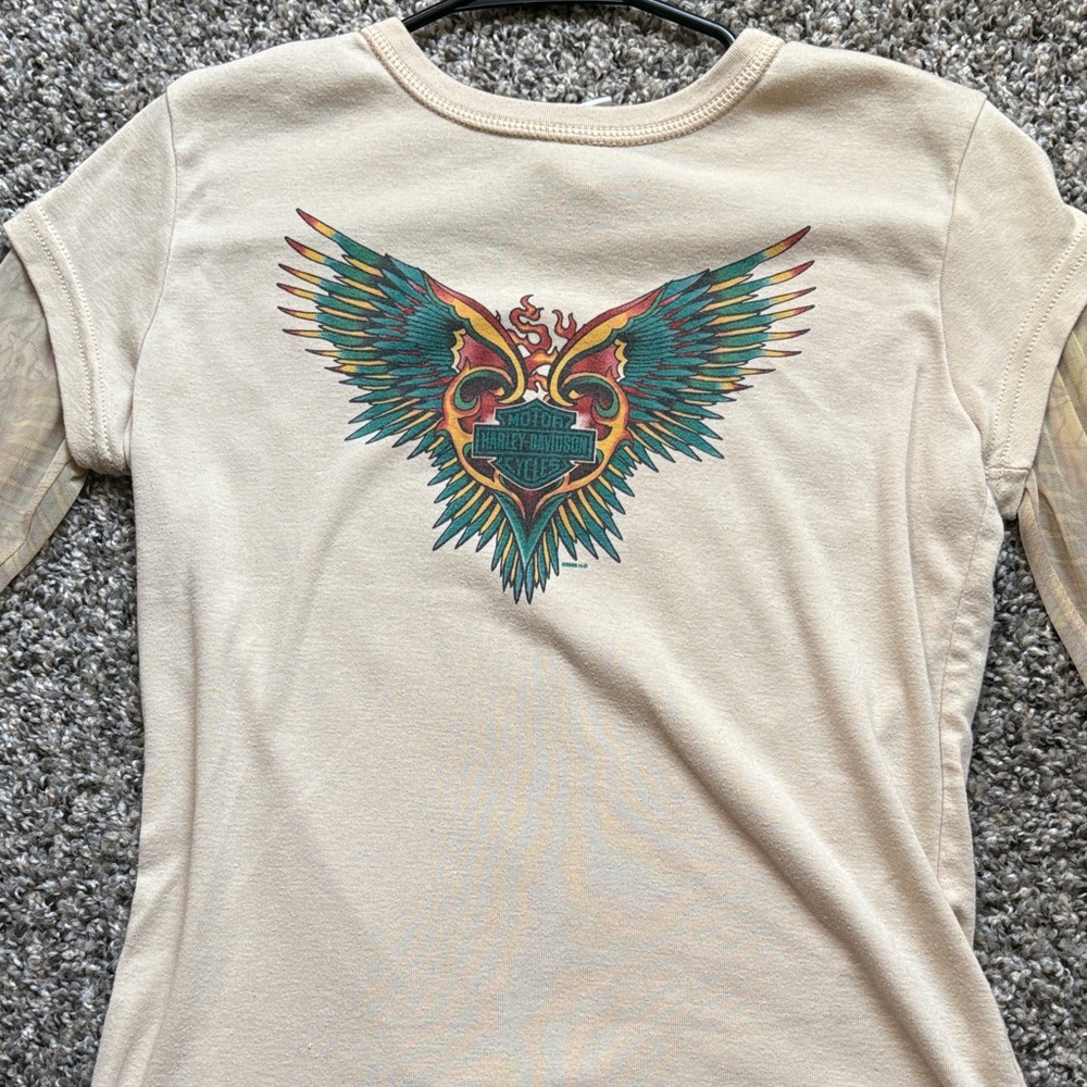 Harley-Davidson Womens Cream Long Sleeve Tee with Colorful Winged Heart Graphic
